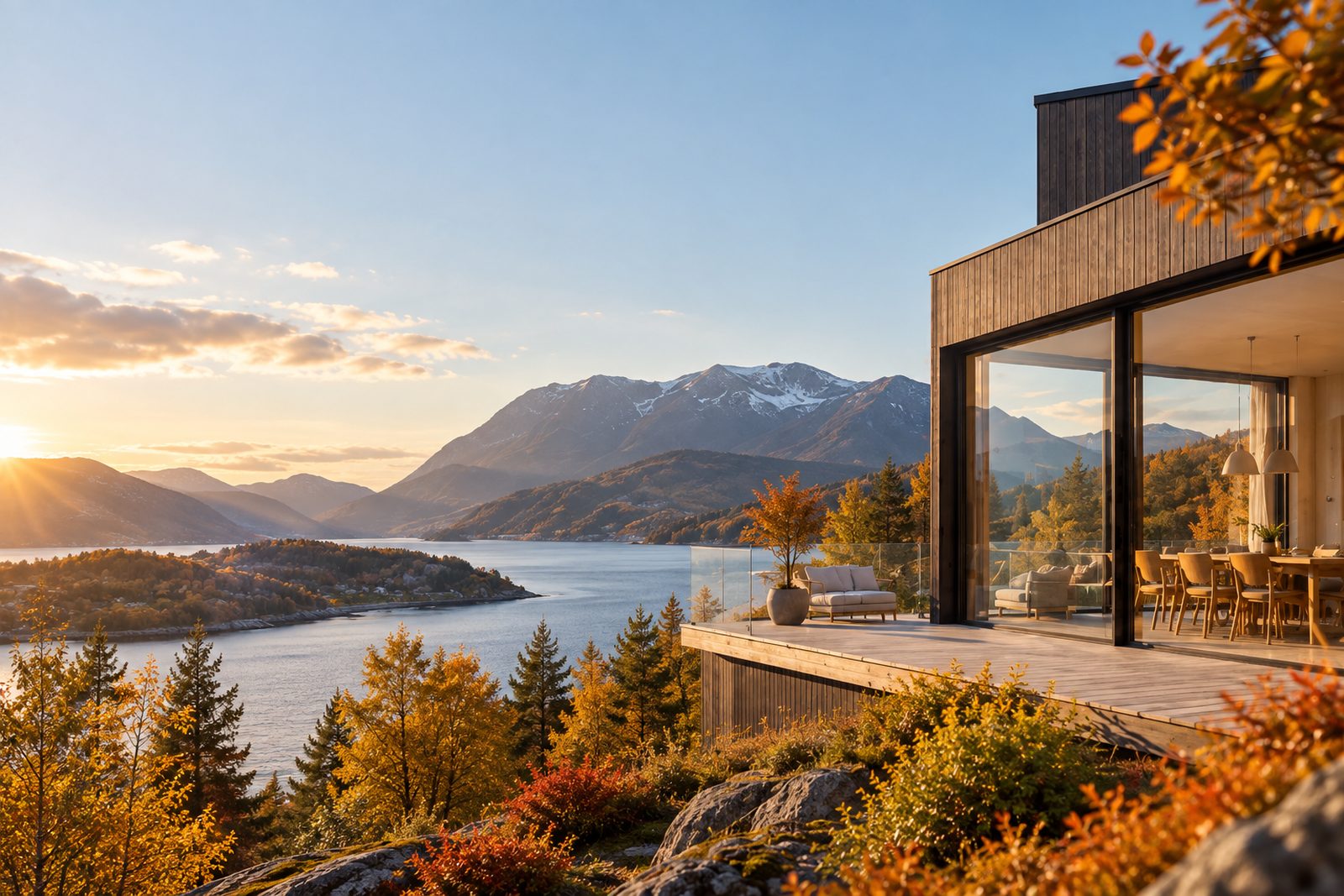 Moderne norsk bolig ved fjorden med balansert ventilasjon